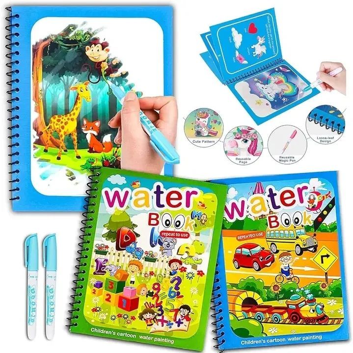 PACK OF 2:Magic Water Book, Water Drawing Book, Reusable Doddle Book with Pen for Kids